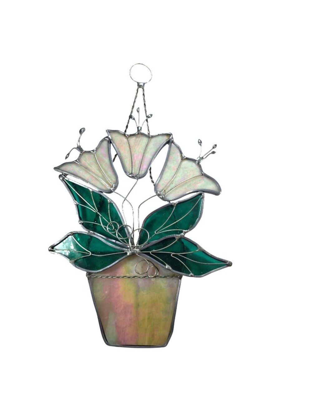 Stained Glass Calla Lily Flower Pot Hanging Decor Green Leaves Cottagecore